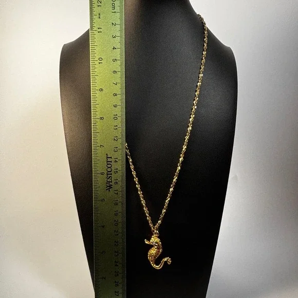 Seahorse Pendant Necklace Gold Tone Blue Eye Textured Nautical Jewelry - Picture 7 of 7